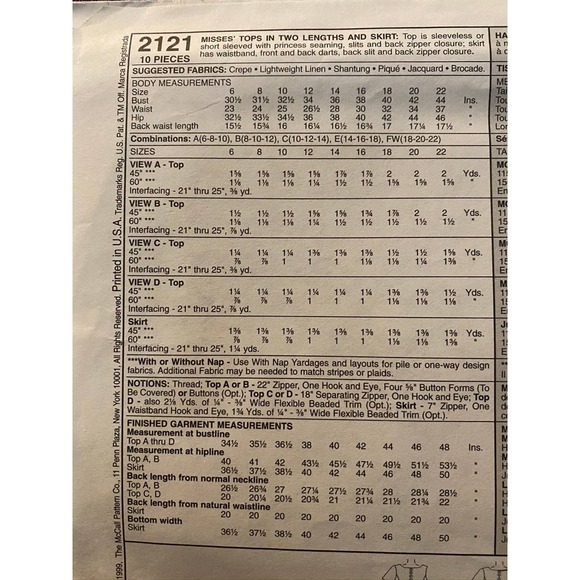 McCalls 2121 top skirt sewing pattern sz 14 16 18 - Picture 4 of 6